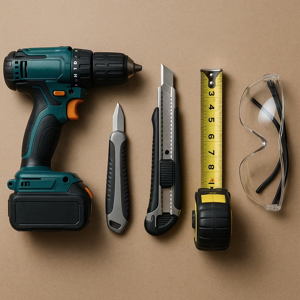 ابزار مورد نیاز نصب پلی‌کربنات شامل دریل، کاتر، متر و عینک ایمنی