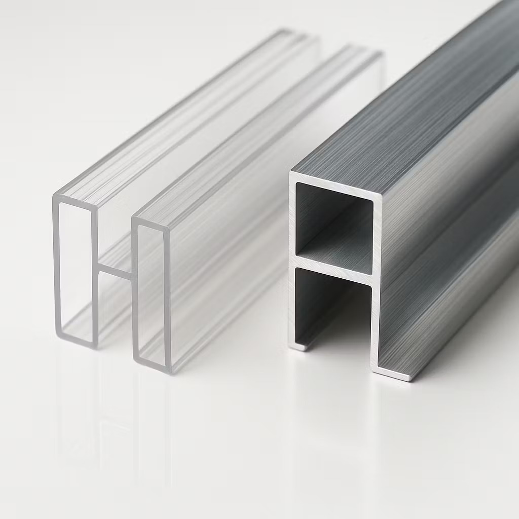 پروفیل H شفاف پلی‌کربنات و آلومینیومی کنار هم